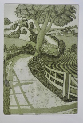 The Village Bus etching by Michael Atkin